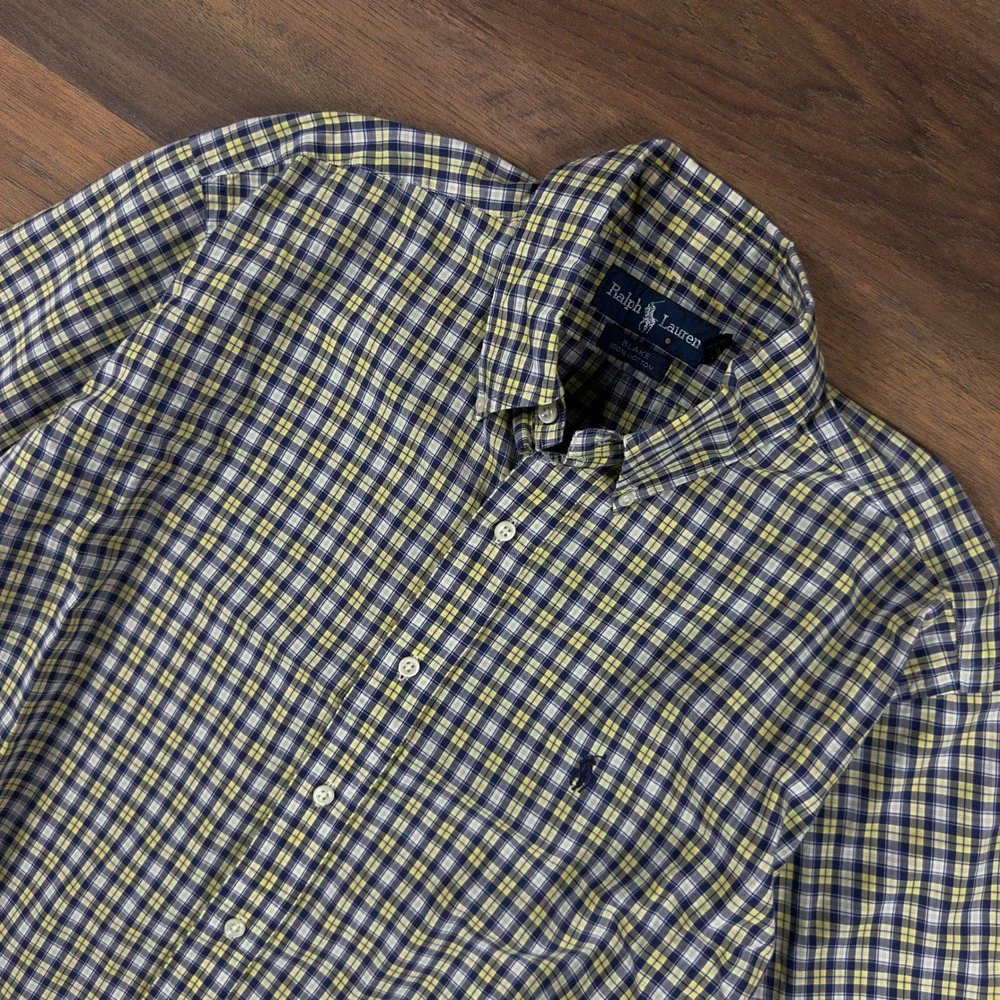 Ralph Lauren Blake Mens Medium Plaid Button Down Shirt Short Sleeve Navy Yellow